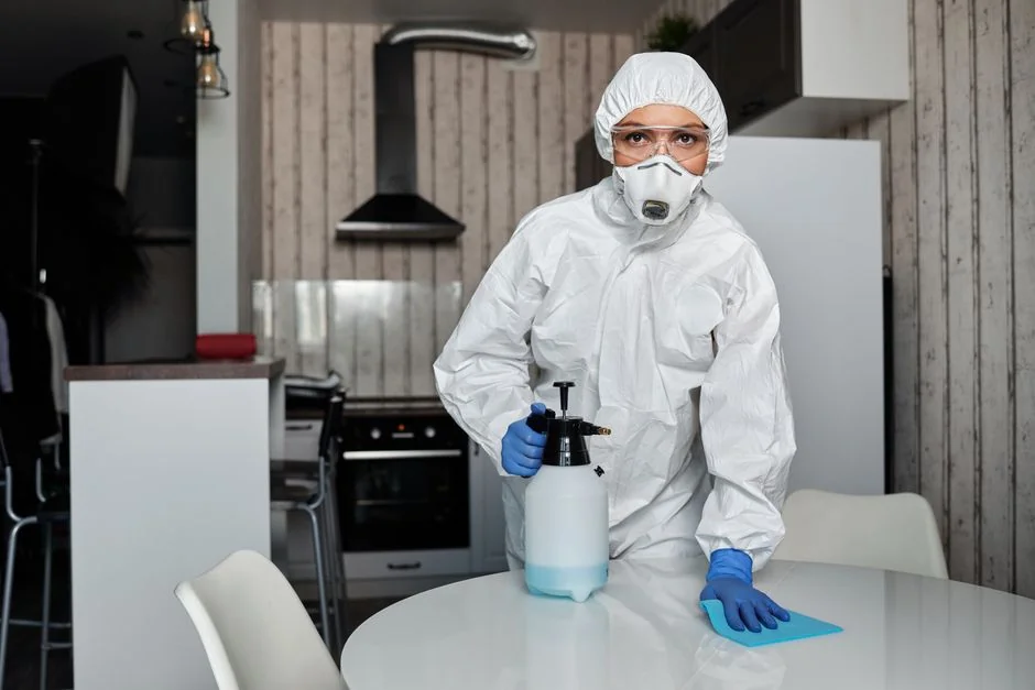 why-choose-us A woman in a plaid shirt wipes down a kitchen counter with a spray bottle and cloth.